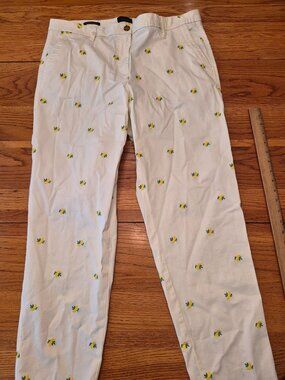 Talbots Womens Relaxed Chino Lemon-Print Pants Size 10 Cotton White/Yellow Lemon